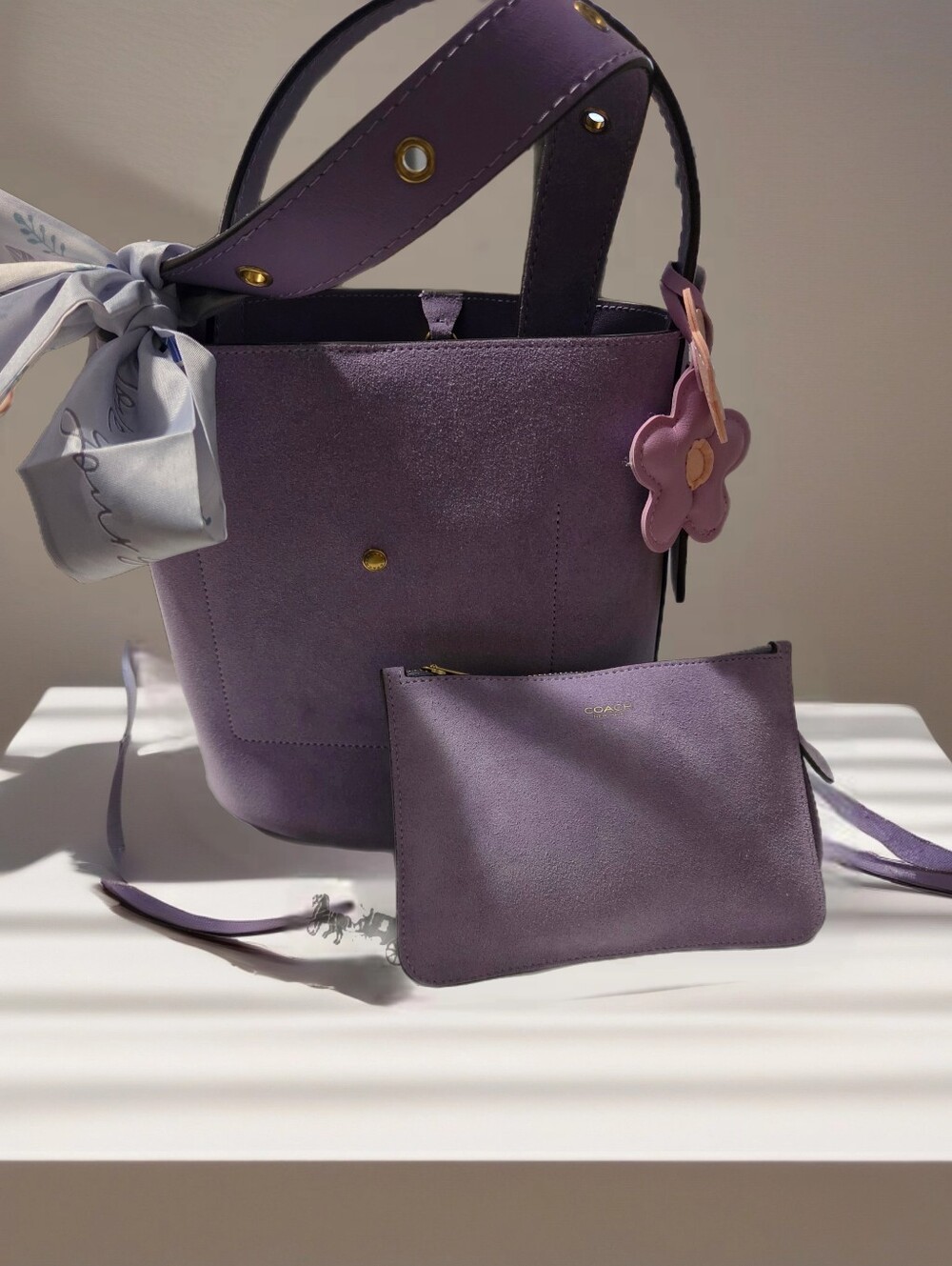 Coach Lavender Suede Bleeker And Matching Wristlet.